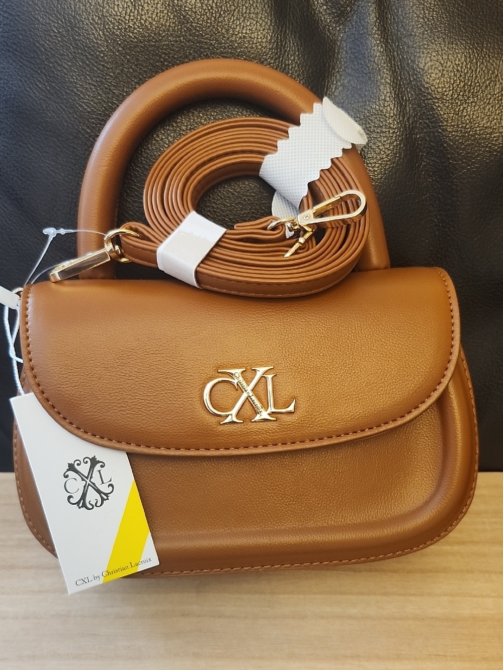 Christian Lacroix Tan Leather Top-Handle Shoulder Bag with Gold CXL Logo Cognac